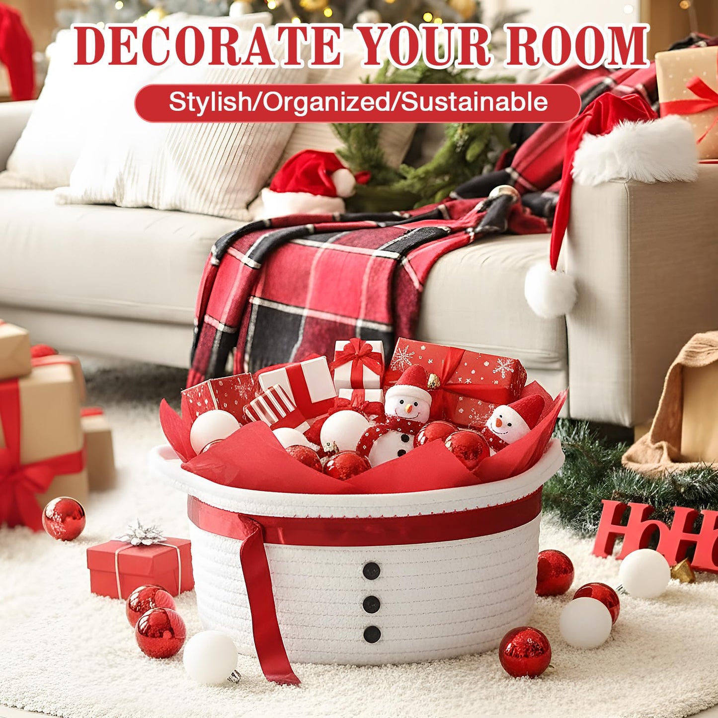Zopeal Christmas Woven Basket with Gift Bag, Ribbon and Red Tissue Paper Snowman Empty Woven Bin Basket Holiday Decorative for Xmas Gifts, 12 x 8 x 5 Inch
