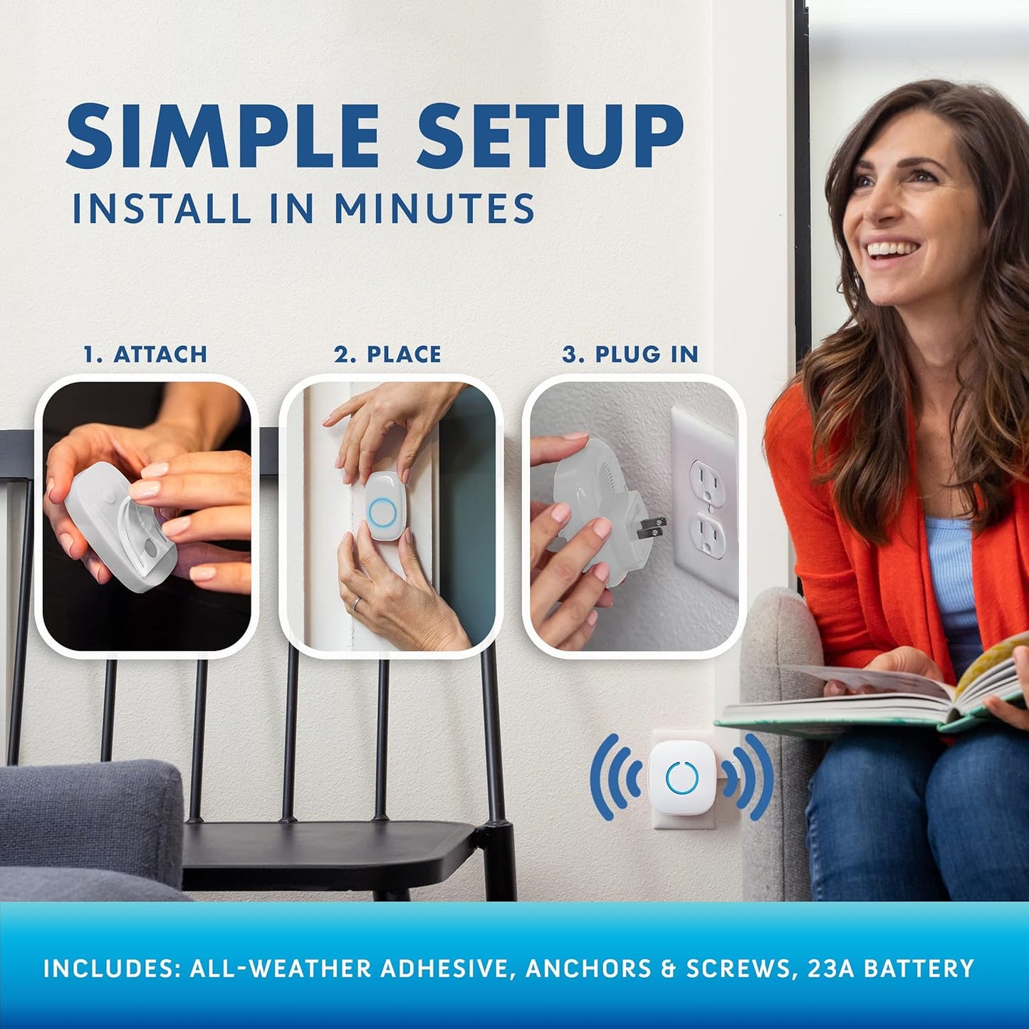 SadoTech Wireless Doorbells for Home, Apartments, Businesses, Classrooms, etc. - 1 Door Bell Ringer & 1 Plug-In Chime Receiver, Battery Operated, Easy-to-Use, Wireless Doorbell w/LED Flash, Black