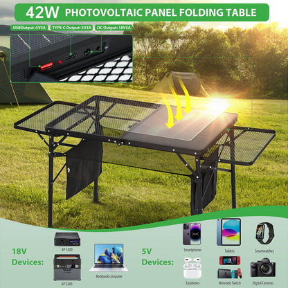 Nice C Camping Table, Ourdoor Folding Grill Table, Tailgate Tables, Solar Panel Tables with USB Type-C&DC Charging Cable, 42W Portable Solar Charger, 2 Side Shelves, with Mesh Net&Cup Holders