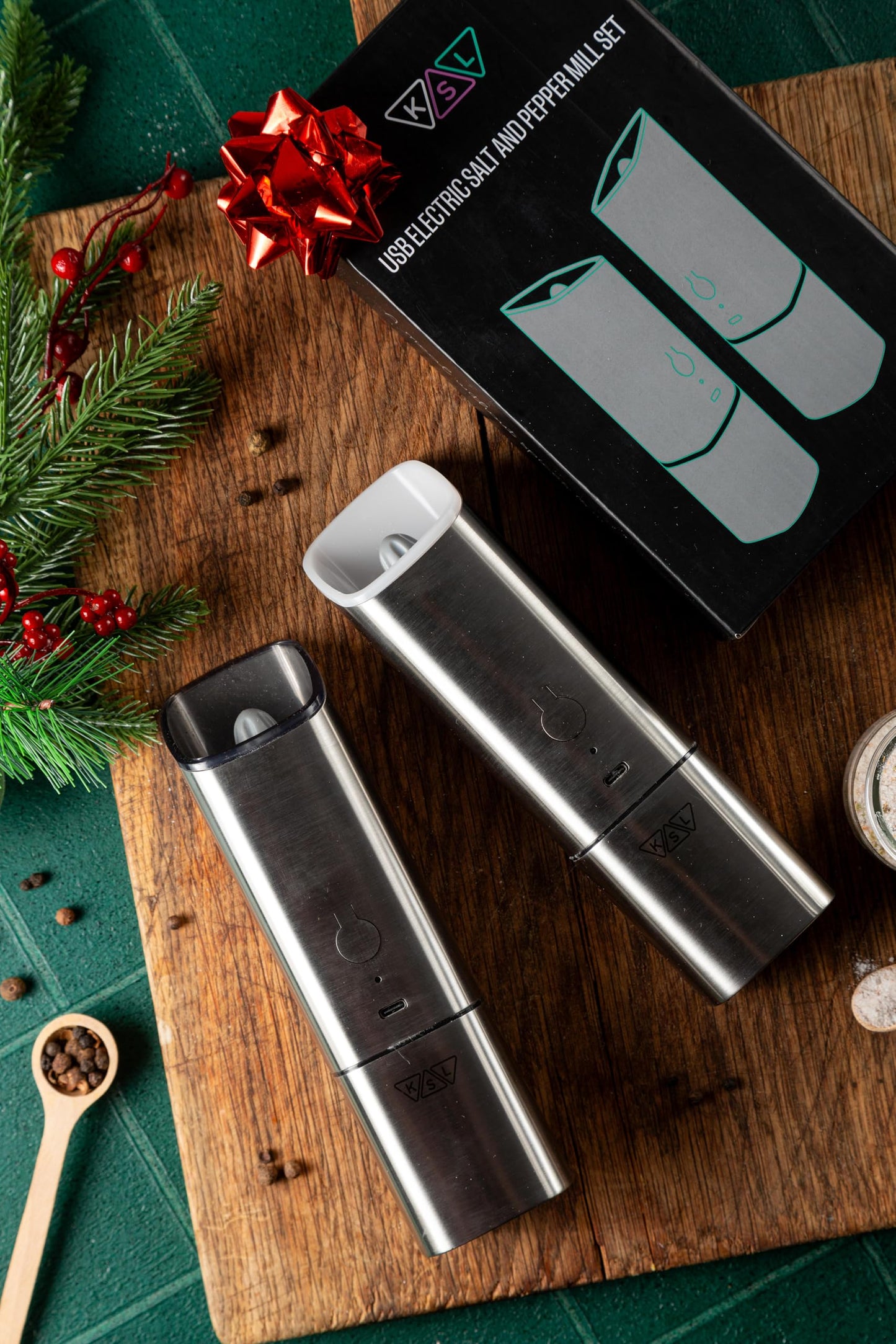 KSL Gravity Electric Salt and Pepper Grinder Set, USB Rechargeable, Automatic 1 Click Grinding 1 Hand Operated Adjustable Coarseness Pepper Mill