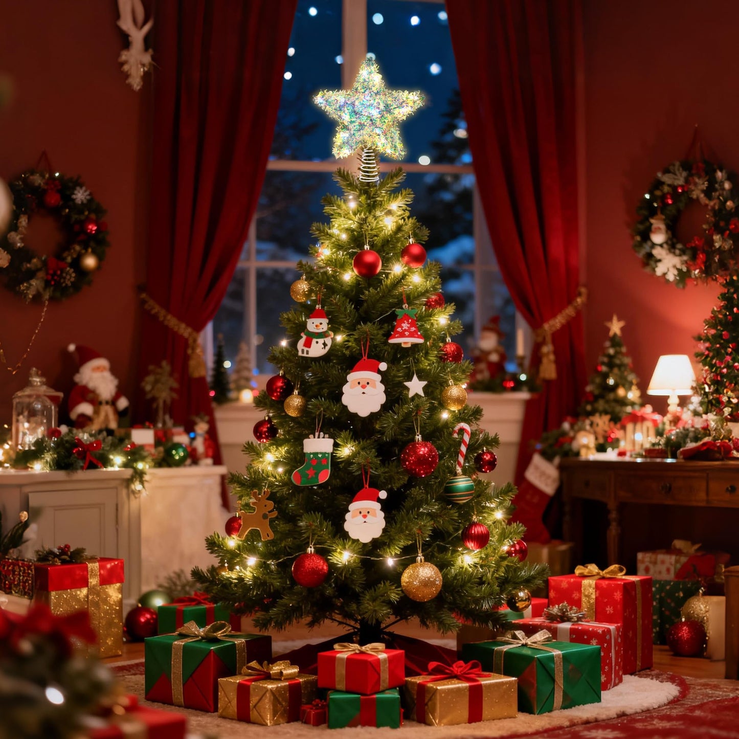 Joytry Christmas Tree Topper Star Iridescent Tinsel Star Tree Topper 10 Inch Lighted Tree Topper Battery Operated Christmas Tree Decoration for Holiday Indoor Decoration Warm White Light
