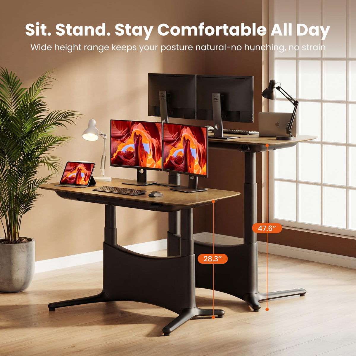 COLAMY Electric Standing Desk 55x28, Desktop Wobble-Free Dual Motor Sit Stand Up Desk with Drawers, Outlets & Footrest, Adjustable Height Computer Table for Home Office Workstation, Walnut Black