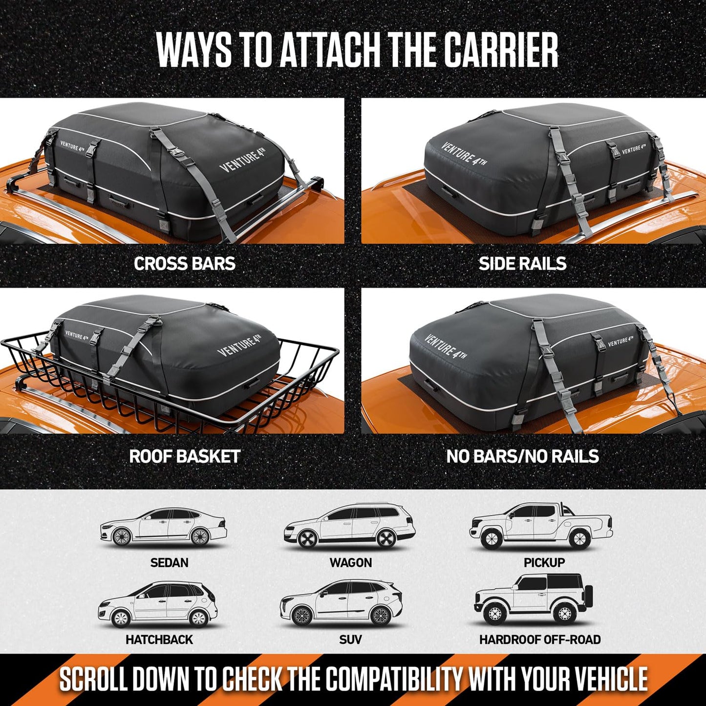 VENTURE 4TH Rooftop Cargo Carrier - 21 Cubic Feet Waterproof Car Roof Cargo Bag with Tie-Down & Compression Straps, Fits Most Vehicles with or Without Roof Racks, Sidebars & Crossbars