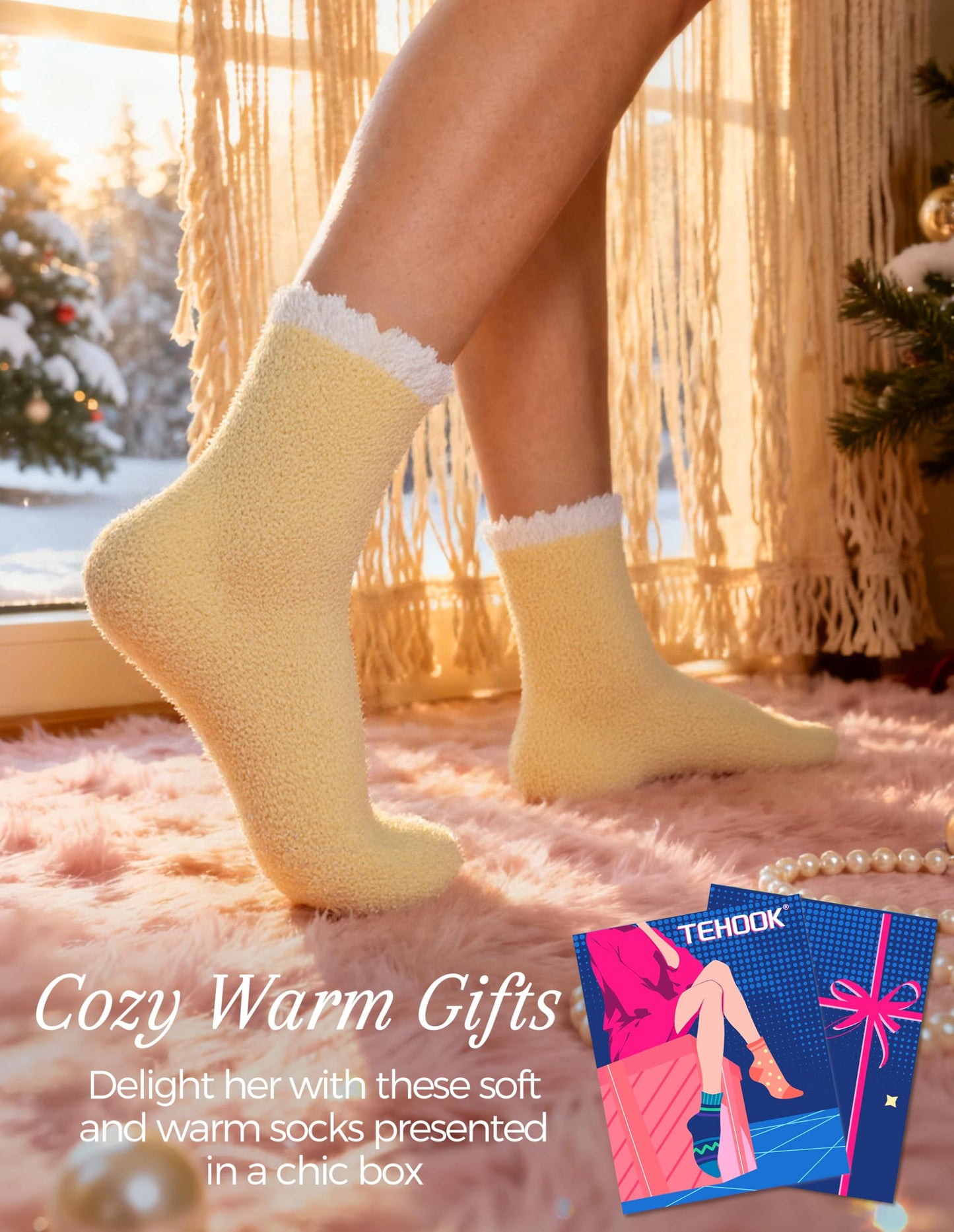 TEHOOK Warm & Cozy Valentines Gifts for Women, Fluffy Fuzzy Plush Sleeping Slipper Socks - Soft Warm Fabric