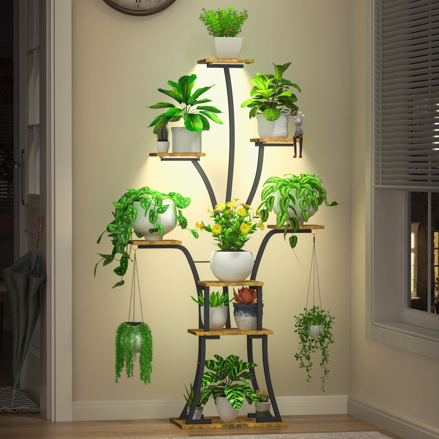 YIIHEERR 64" Tall 8 Tiered Plant Stand Indoor with Grow lights Large Tree Shape Decorative Rack Plant Pot Holder Gardening for Living Room Corner Black