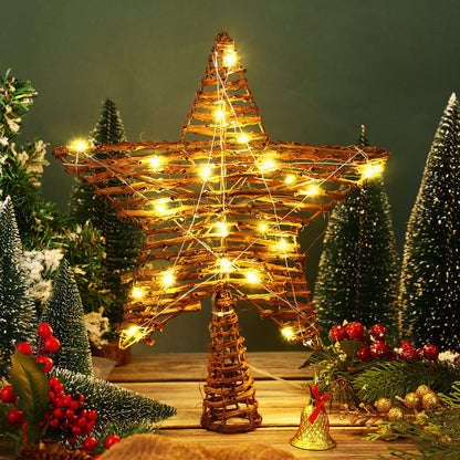 Threan Christmas Rattan Star Treetop, 14 Inch Burlap Rattan Star Tree Topper with Warm Lights Rustic Xmas Treetop Decoration for Christmas Tree Ornament Home Party Indoor(10 Lights)