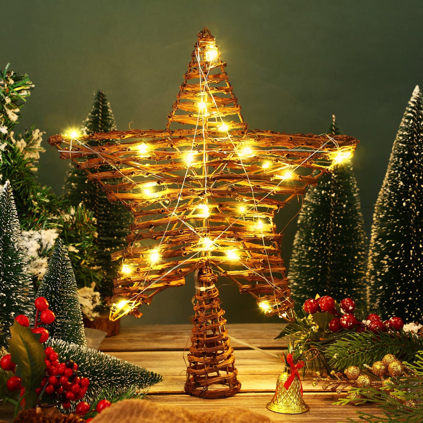 Threan Christmas Rattan Star Treetop, 14 Inch Burlap Rattan Star Tree Topper with Warm Lights Rustic Xmas Treetop Decoration for Christmas Tree Ornament Home Party Indoor(10 Lights)