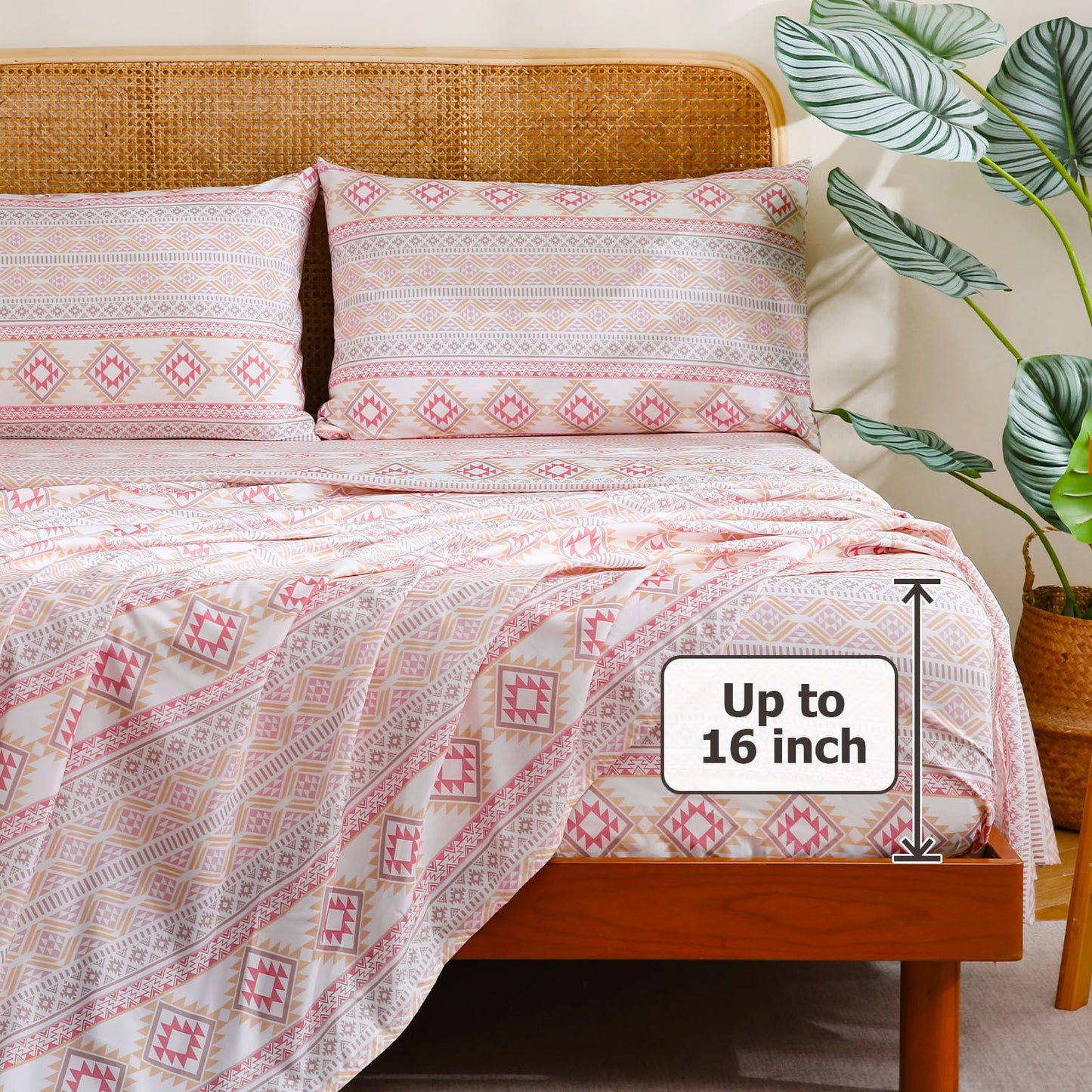 CozySmile Boho Sheet 4 Pieces King Sheet Set Bohemian, Breathable Soft Microfiber 16" Deep Pocket, Western Bedding Sheets Geometric(King, Pastel Pink Geometric)