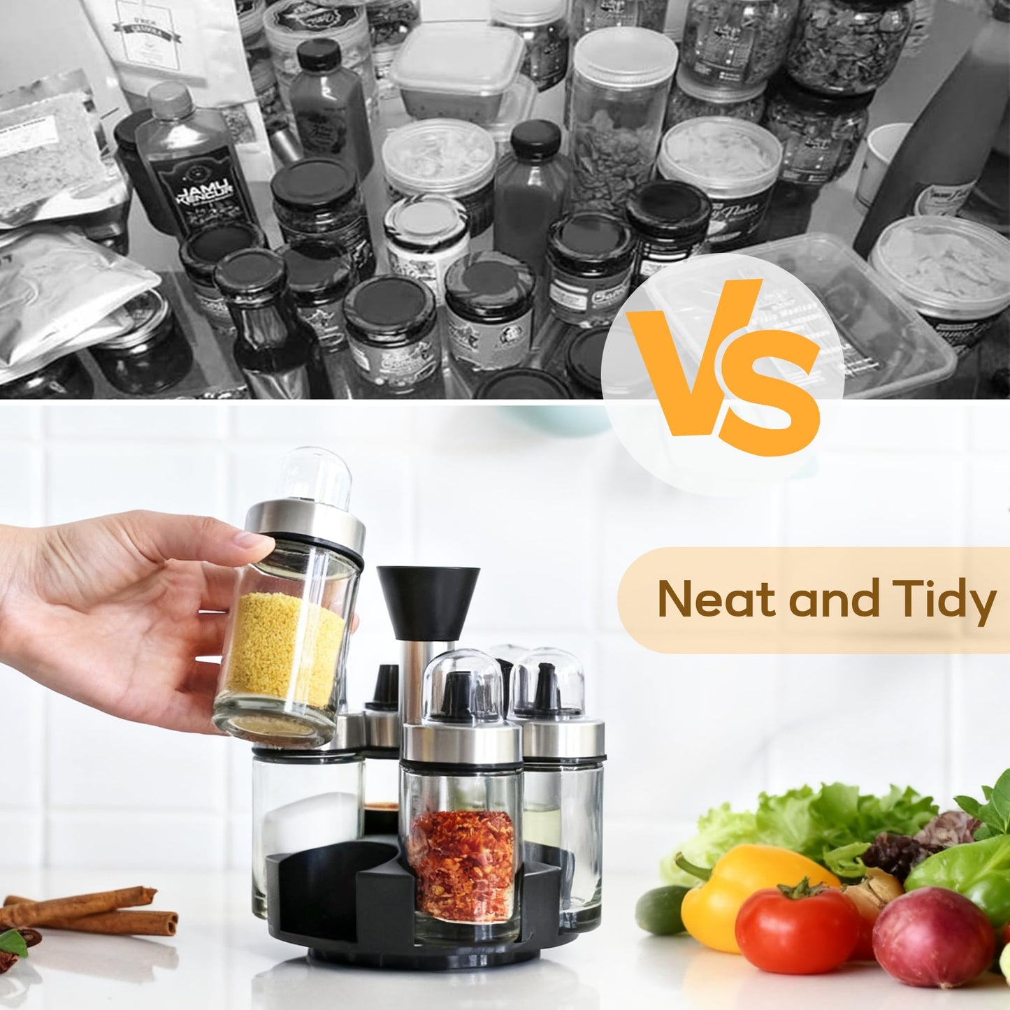 Mlici Oil and Vinegar Dispenser Set of 6 Bottles, Stainless Steel Salt Pepper Holder with 360° Rotating Holder, Cruet Soy Sauce - Premium Glass Condiment for Kitchen, Tabletop, Kitchen Containers