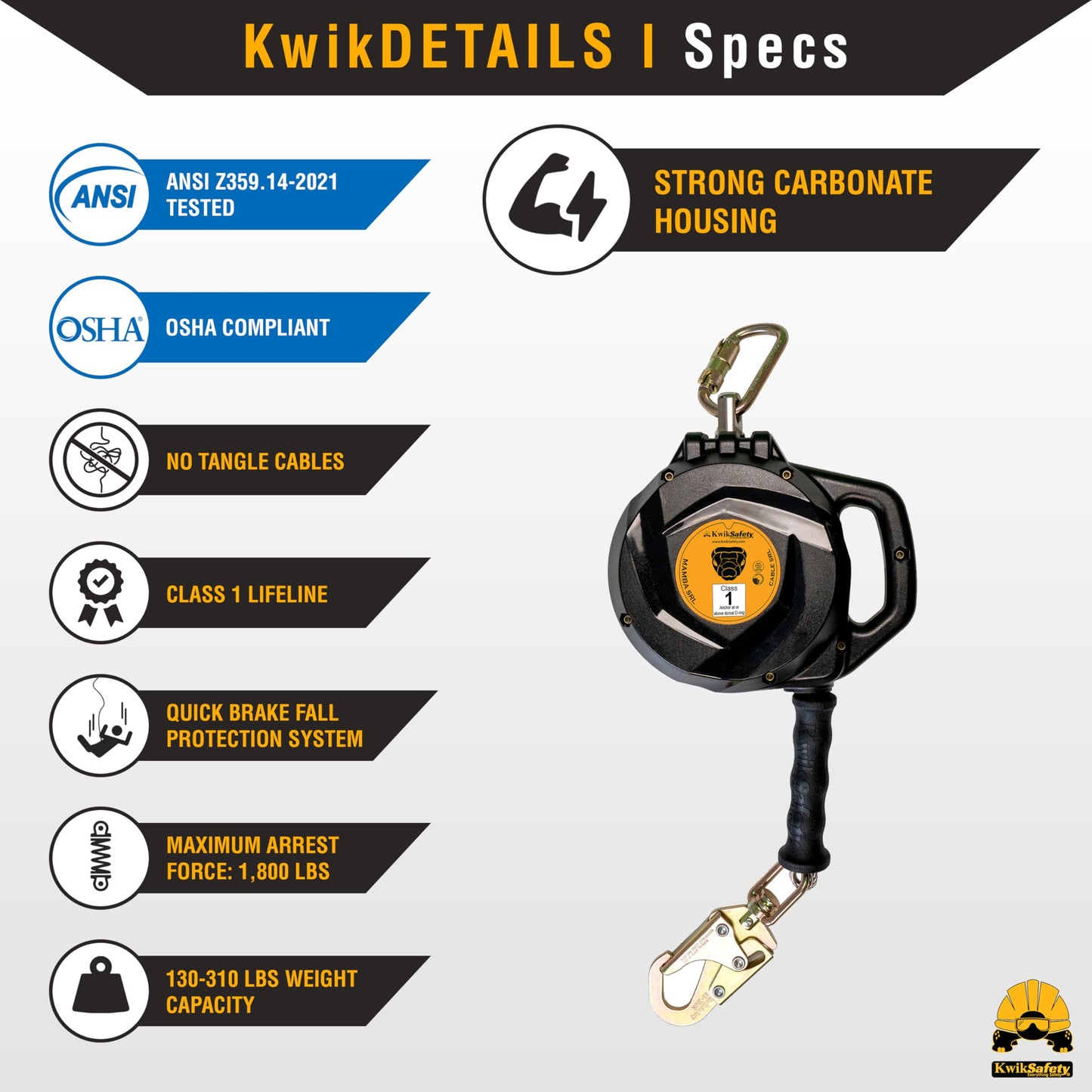 KwikSafety - Charlotte, NC - Mamba 33’ Self Retracting Lifeline [Carbonate + Integrated Handle] Class 1 Cable SRL ANSI OSHA Retractable Fall Arrest Safety Roofing Construction Gear