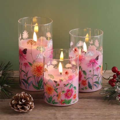 Girimax Pink Floral Glass Flameless Pillar Candles with Remote, Flickering Spring LED Battery Candles Home Decor Set of 3