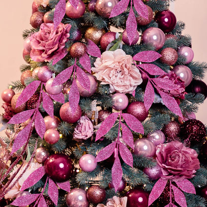 Winlyn 20 Pcs Pink Glitter Bay Leaf Sprays Artificial Christmas Tree Picks Sprays 12.7" Tall for Pink Christmas Tree Wreath Swag Floral Arrangement Winter Wedding Bouquet Centerpiece Decoration