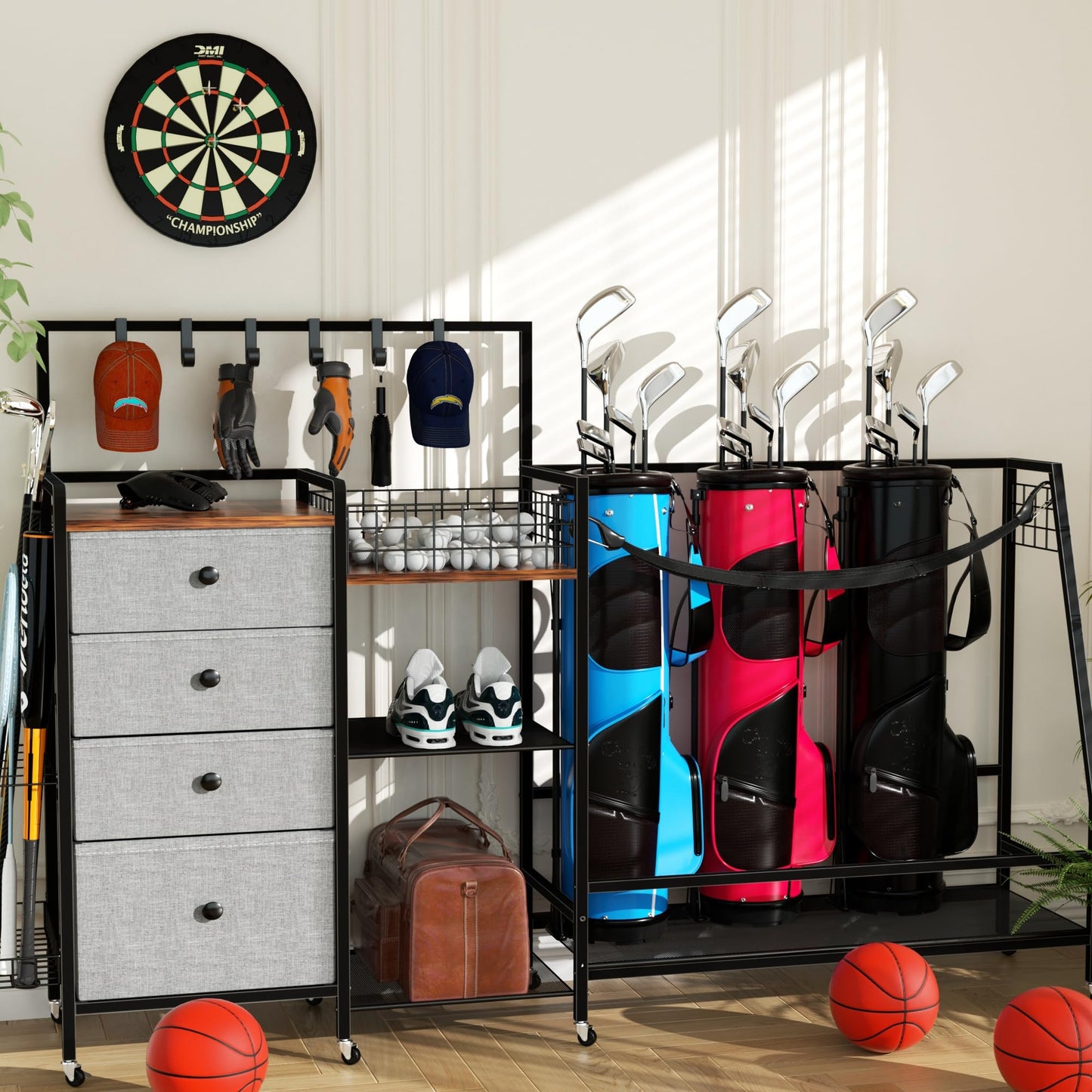DALEMHOME Golf Bag Storage Rack for Garage, Extra Large 70.07" Golf Organizer Fits 3 Golf Bags, Heavy Duty Metal Golf Equipment Storage Stand with 4 Drawers, Side Basket and Lockable Casters
