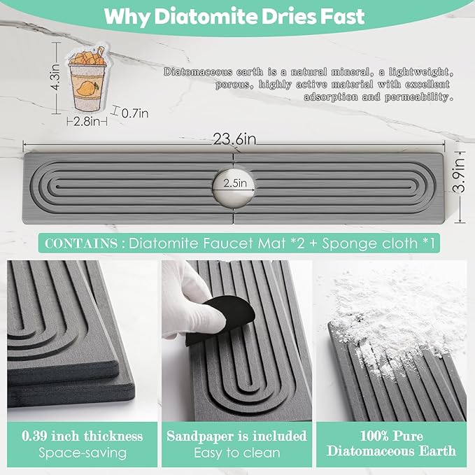 Stone Faucet Mat for Kitchen Sink, Diatomite Drying Stone Tray & Sink Protector