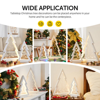 Neoflavie 2 Pcs Wood Christmas Tree with Lights-Modern Farmhouse Lighted Tabletop Christmas Tree Decor for Christmas Holiday Decorations Home Party Table Fireplace Mantle Shelf Decor(White)