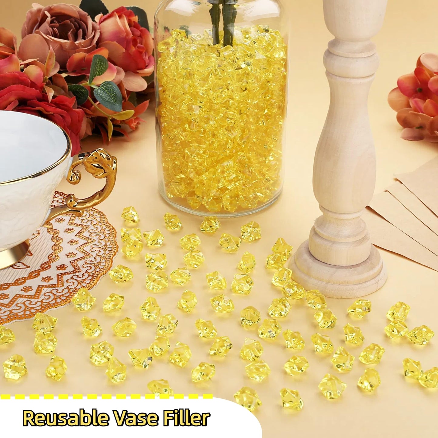 YATOJUZI 500pcs Fake Ice Cubes Yellow Acrylic Crushed Rocks Vase Fillers Plastic Diamonds Gems for DIY Party Wedding Centerpiece Table Scatter Prop Display 0.5" (Only Yellow)