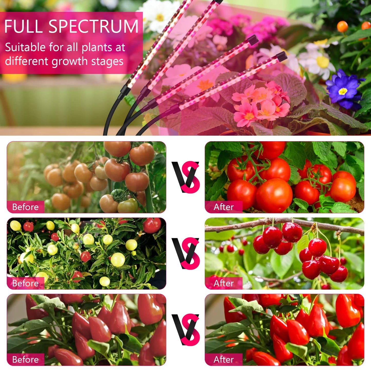 Grow Lights for Indoor Plants, Four Head LED Grow Light with Full Spectrum, Red White Spectrum for Indoor Plant Lamp, Adjustable Gooseneck, Suitable for Vegetation