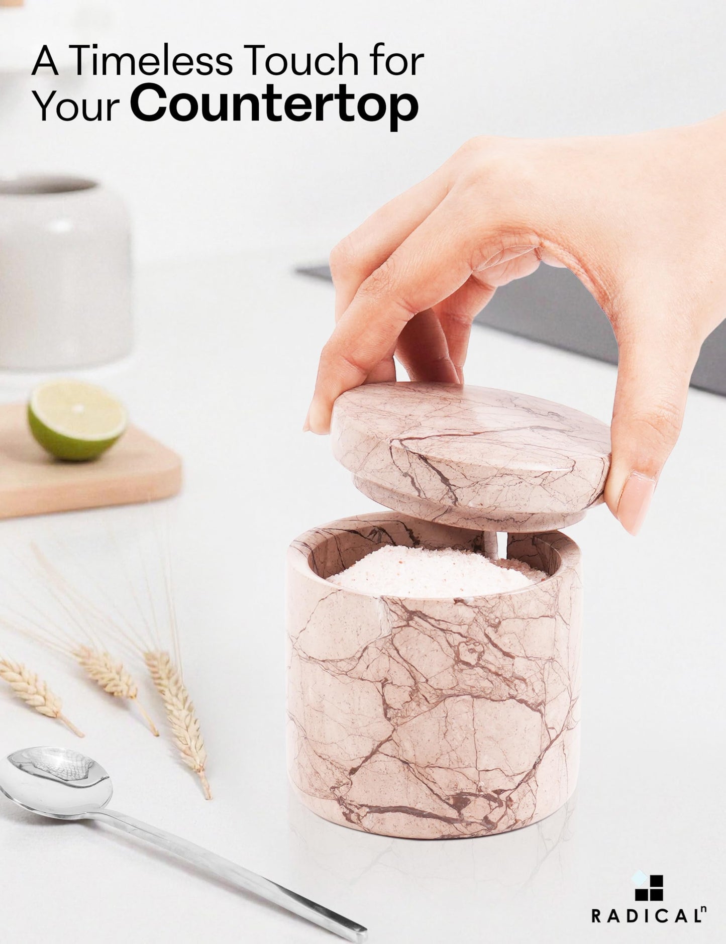 Radicaln Marble Salt Cellar with Lid and Tray 3" Inch White and Marinara Handmade Set of 2 Seasoning Jars For Kitchen Storage, Ideal Table Sugar Bowl & Salt Dish For Countertop