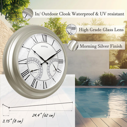 FOUNTAIN DESIGNS 24 Inch Outdoor Clocks Waterproof, Self-Illuminated Large Outdoor Clock with Thermometer and Hygrometer Combo for Patio,Pool and Garden Decor,Roman Numeral,Morning Silver