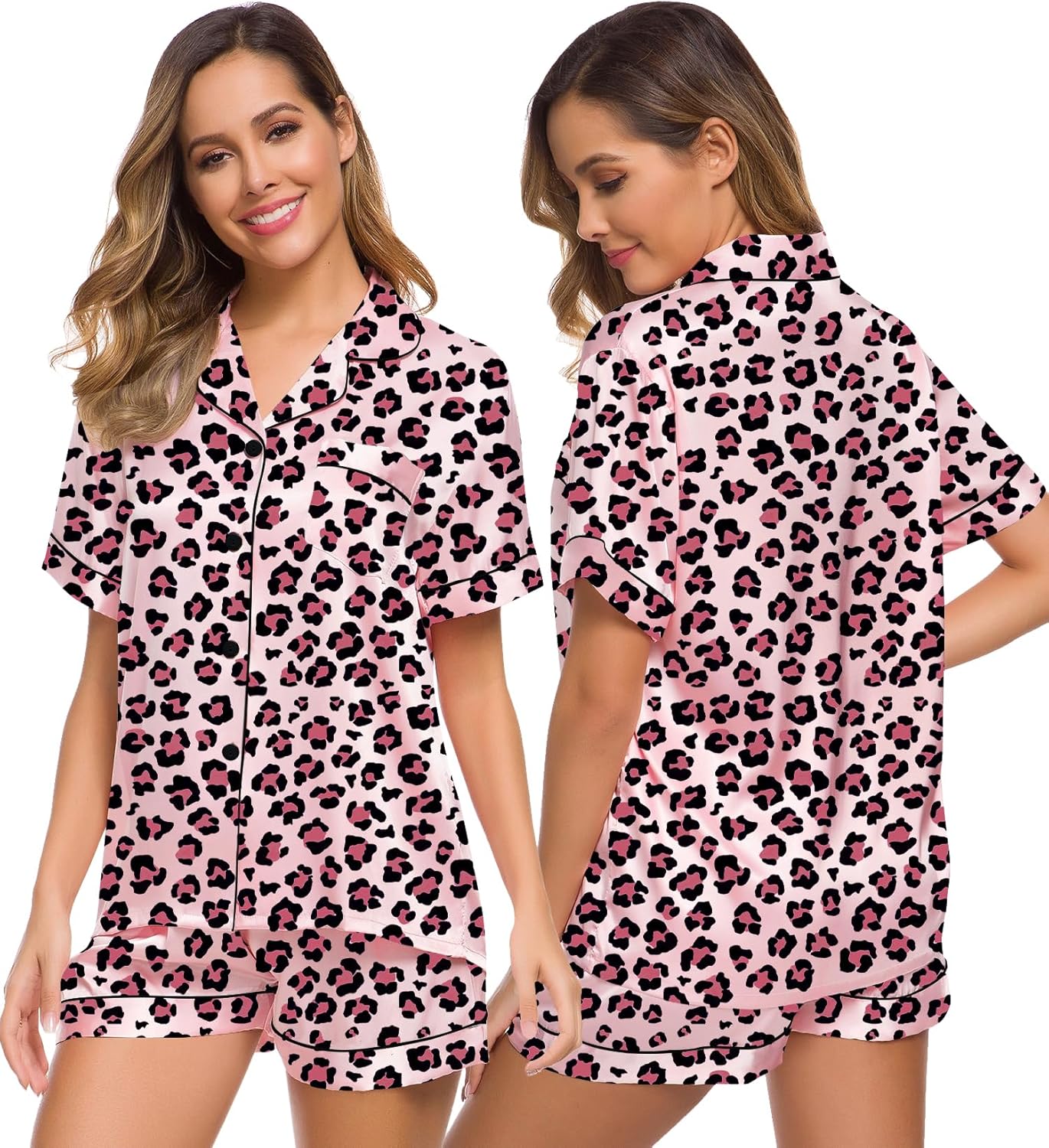 SWOMOG Womens Silk Satin Pajamas Set Short Sleeve Sleepwear Button Down Top and Shorts Loungewear 2 Piece Pjs Set XS-3XL