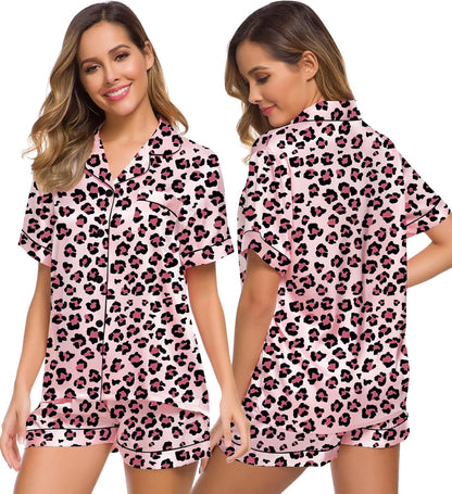 SWOMOG Womens Silk Satin Pajamas Set Short Sleeve Sleepwear Button Down Top and Shorts Loungewear 2 Piece Pjs Set XS-3XL