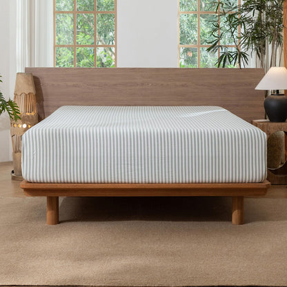 MooMee Striped Fitted Bottom Sheet Only 100% Washed Cotton Linen Like Textured Breathable Durable Soft Comfy Deep Pocket Fits Mattress up to 17" (Sage Green White Classic Stripes, Queen)