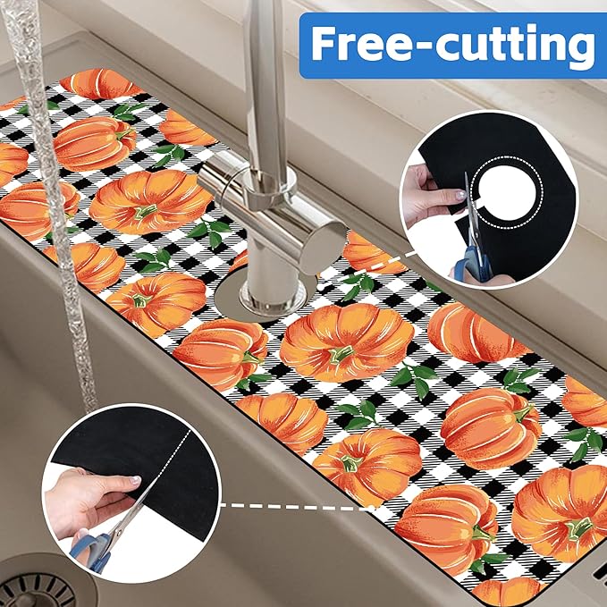 Thanksgiving Pumpkin Kitchen Sink Splash Guard Mat Buffalo Plaid Absorbent Fast