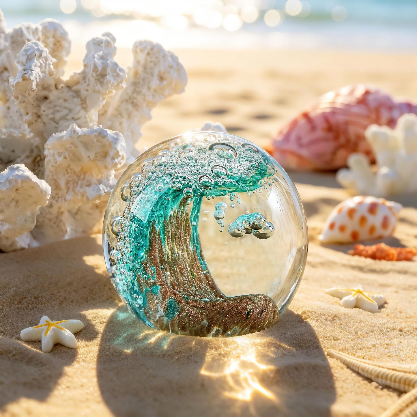 H&D HYALINE & DORA 2.3 Inch Hand Blown Crystal Ball Ocean Waves Glass Ball Paperweight Aquarium Office Decorative Balls Ocean Lovers Gifts(Green)