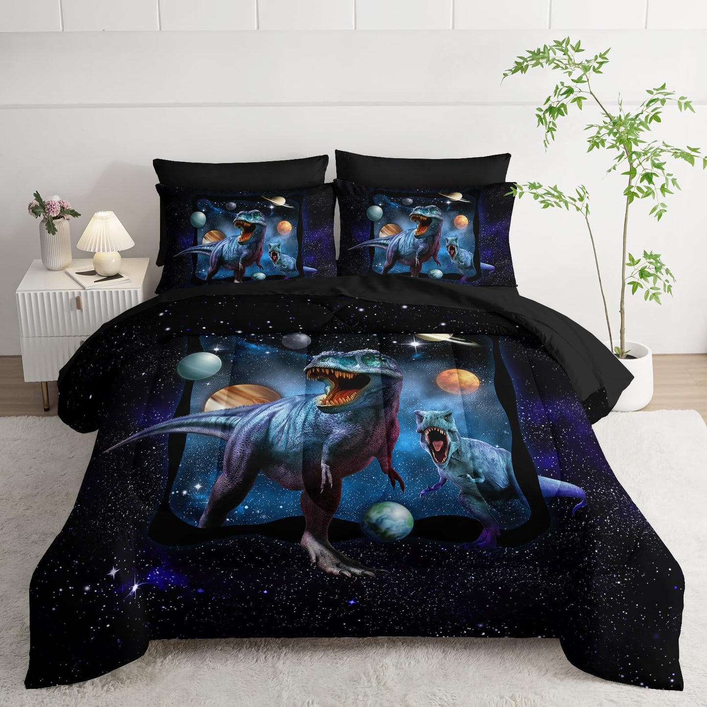 AILONEN Kids Dinosaur Comforter Set Queen Size,7Pcs Space Galaxy Bed in a Bag,Planet Dinosaur Bedding Print Boys Comforter & Fitted Sheet & Flat Sheet & 2 Pillowcases,2 Pillow Shams