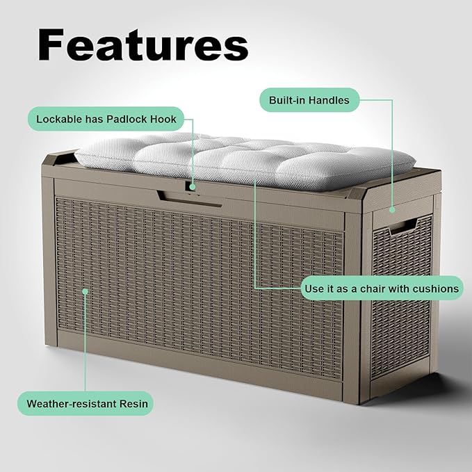 DRATO 60 Gallon Deck Box, Waterproof Resin Large Outdoor Storgae Box for Patio Furniture, Patio Cushions, Gardening Tools, Pool Supplies, Lockable（Gray，60 Gallon）