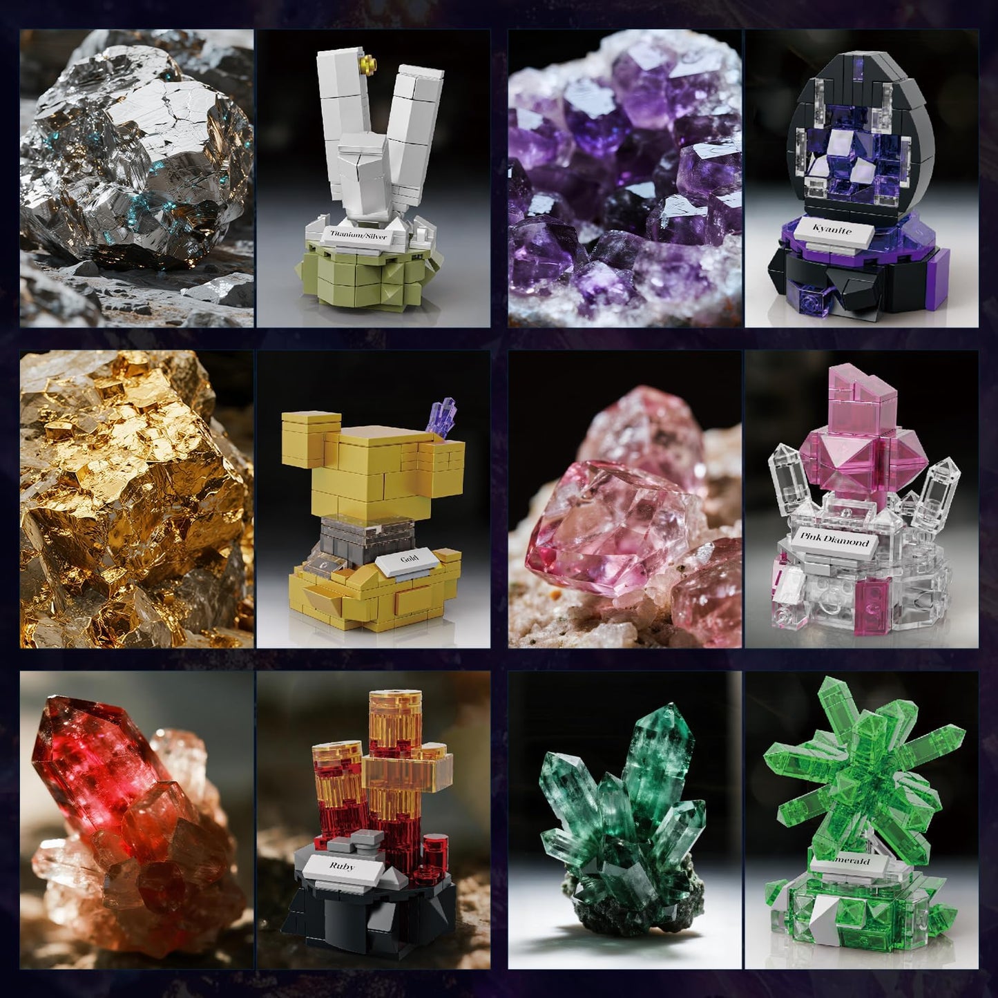 Mineral Display Building Blocks Set 794pcs, 9 Pack Gemstone Models, Crystal Rock Collection STEM Geology Bonsai Gems Home Office Decor, Compatible with Lego for Kids Adults Boys Girls 6+