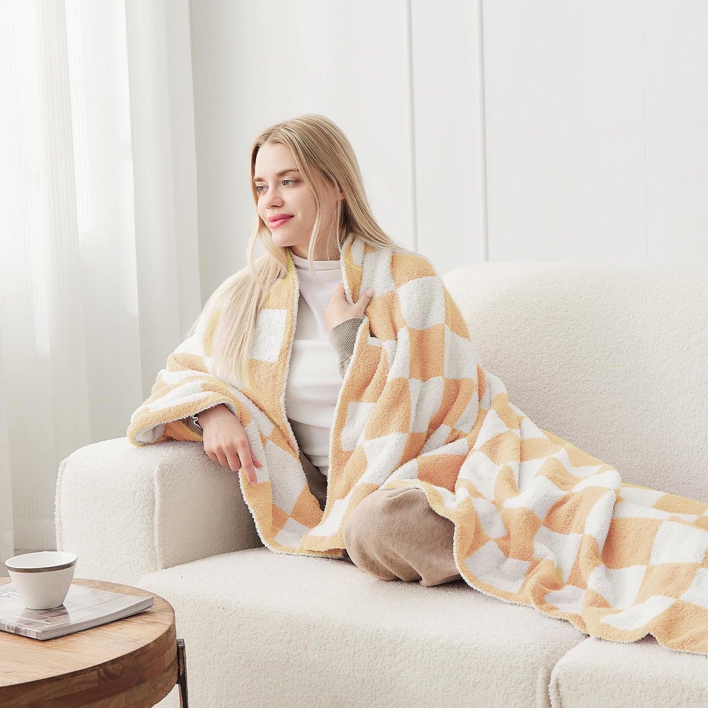 JOOJA Soft Cozy Checkerboard Peach Blanket Fluffy Knit Throw for Couch Plaid Checkered Blanket Peach 50x60 in