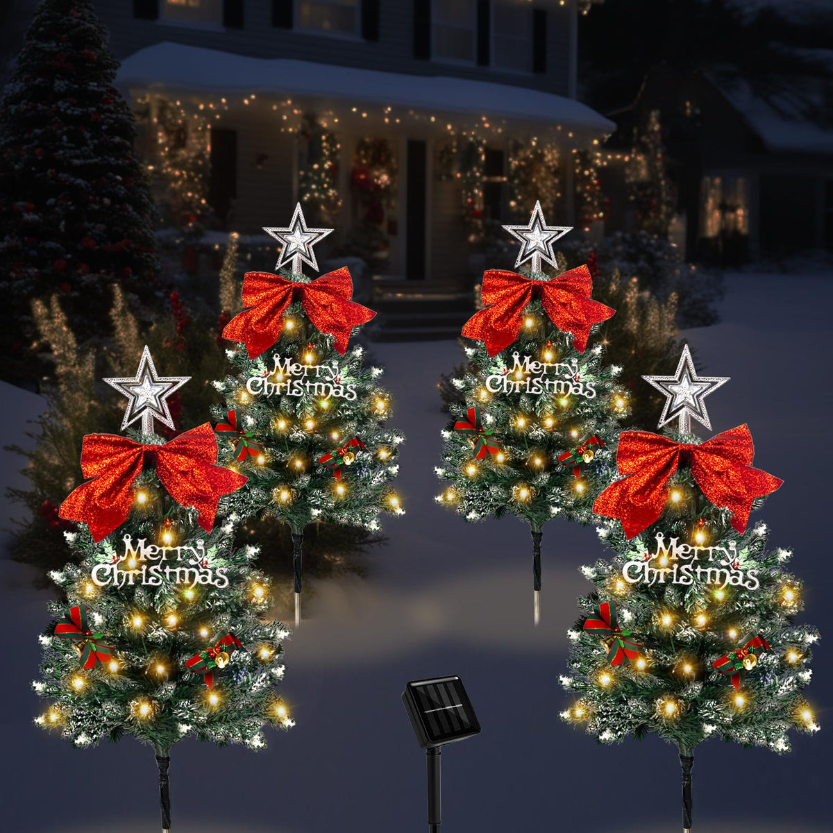 TAILERRI Christmas Tree Solar Pathway Lights, Waterproof Outdoor Decorations, Mini Xmas Tree Stake Lights with DIY Ornaments for Garden, Yard, Porch (Snowy Tree, 4 Pack)