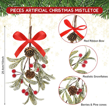 Giegxin 1 Piece Christmas Artificial Mistletoe Ornament with Bow Christmas Hanging Mistletoe Decoration Bouquet Floral Natural Pine Cones Holiday Decor Ornament Bouquet (Stylish Style,Red)
