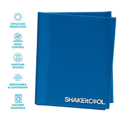 SHAKEitCOOL Extended Size Cooling Towel – Be Cool in Style - Heat Relief, Soft, Lightweight, Sun Protection, Easy Clean - Perfect for Biking, Hiking, Running, Yoga, Golf, Gardening - Blue M