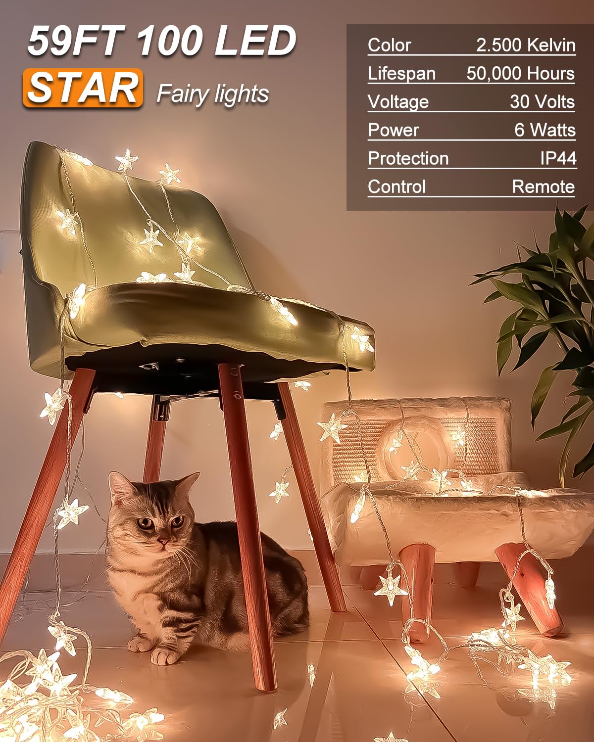 JOLYMOLY Star String Lights Plug in, 59 Ft 100 LED Star Fairy Lights with Remote Timer, Connectable Waterproof for Bedroom Wedding Party Indoor Outdoor Décor, Warm White