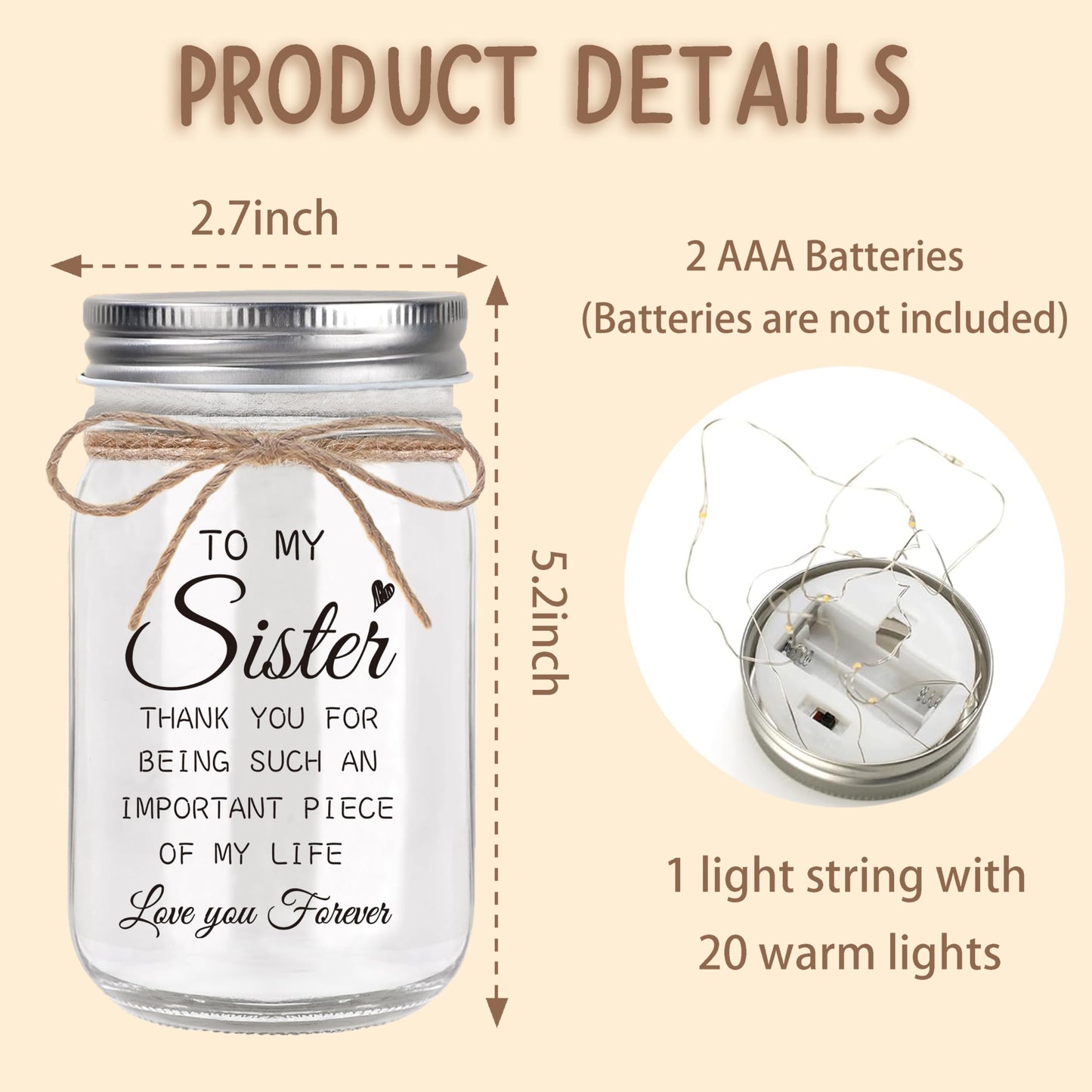 YOISTREVISK Sister Gifts - Mason Jar Night Lights with Warm Lights for Sisters, Unique Sister Birthday Gifts Ideas for Mothers Day Christmas Valentines Day, Heartfelt Home Decor Gift