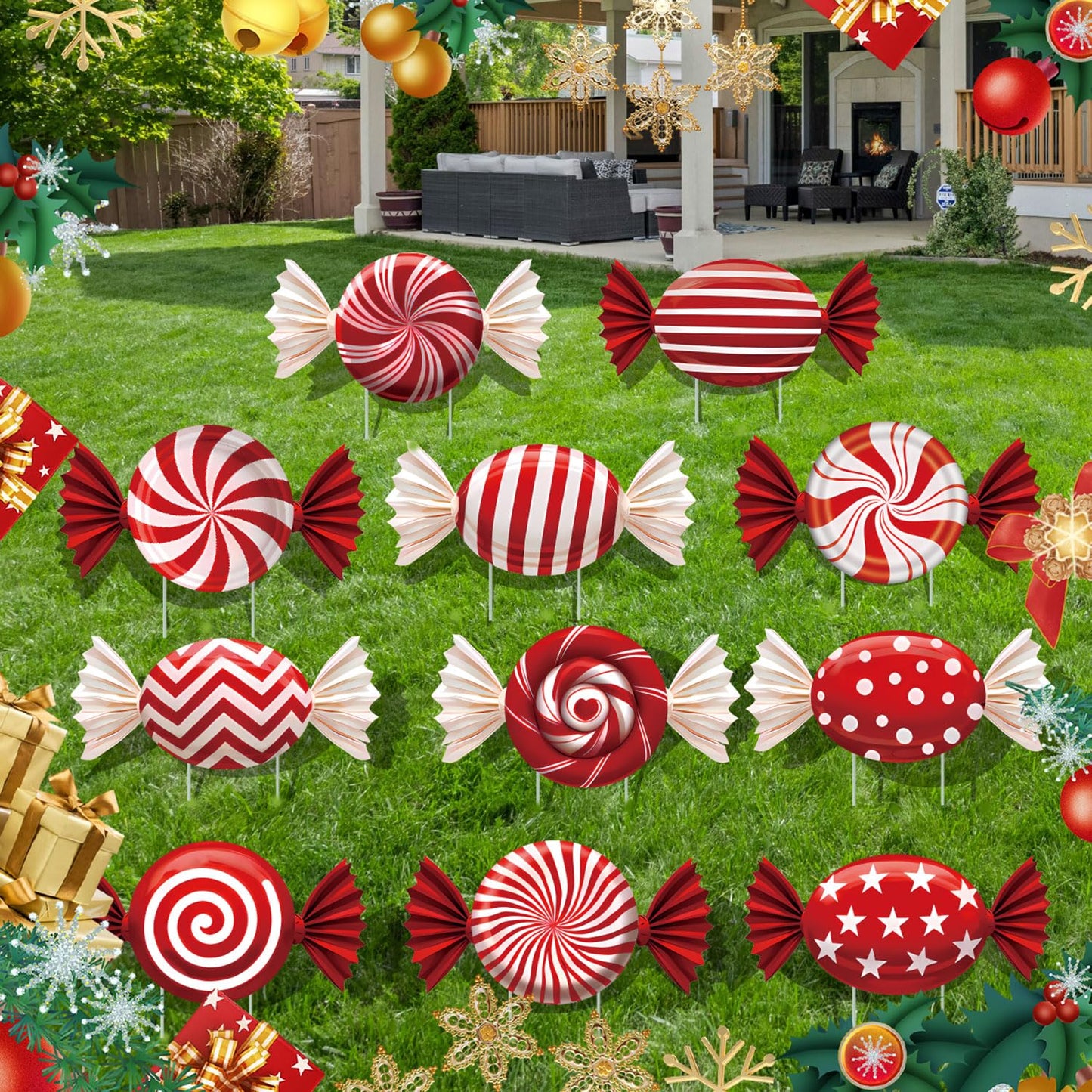 B‌oGlowHaven 12ct Candy Christmas outdoor Decorations‌ Birthday Decorations Waterproof Corrugated Cardboard Yard Signs with 24 Plastic Stakes 17 inch Holiday Pathway Decor for Garden Walkway and Party