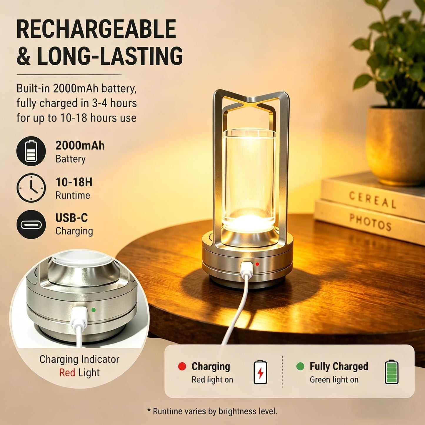 Candico Rechargeable Crystal Table Lamp, 3-Color Touch LED, Silver