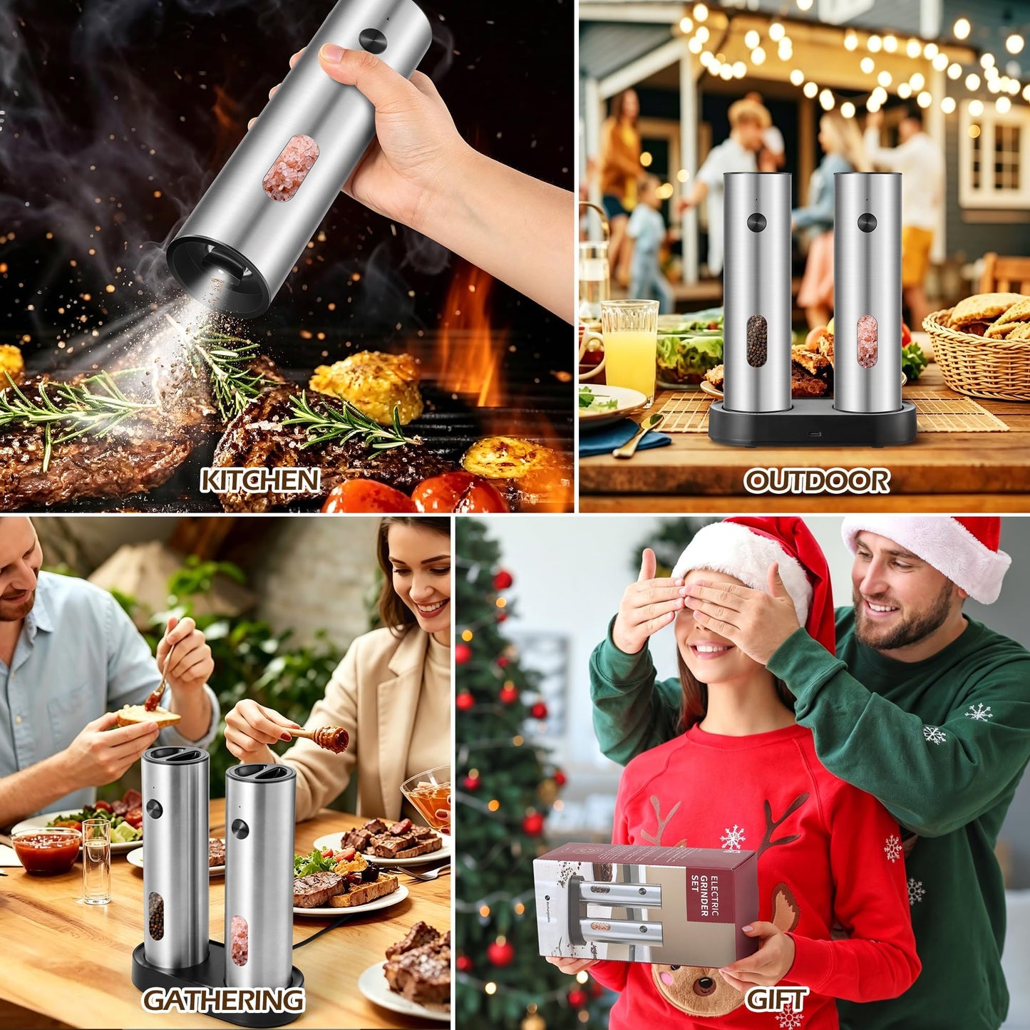 CapyBud Electric Salt and Pepper Grinder Set, 110 ml Rechargeable Automatic Salt and Pepper Shakers with Adjustable Coarseness Charging Base LED Light Ceramic Grinder Core for Kitchen Outdoor Gift