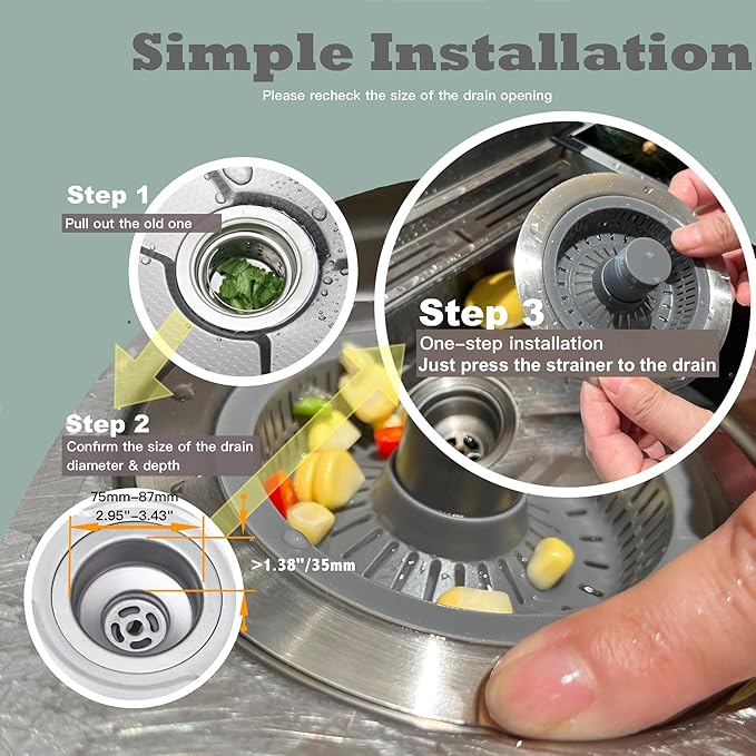 Kitchen Sink Drain Strainer 3 in 1, 304 Stainless Steel Pop Up Sink Stopper
