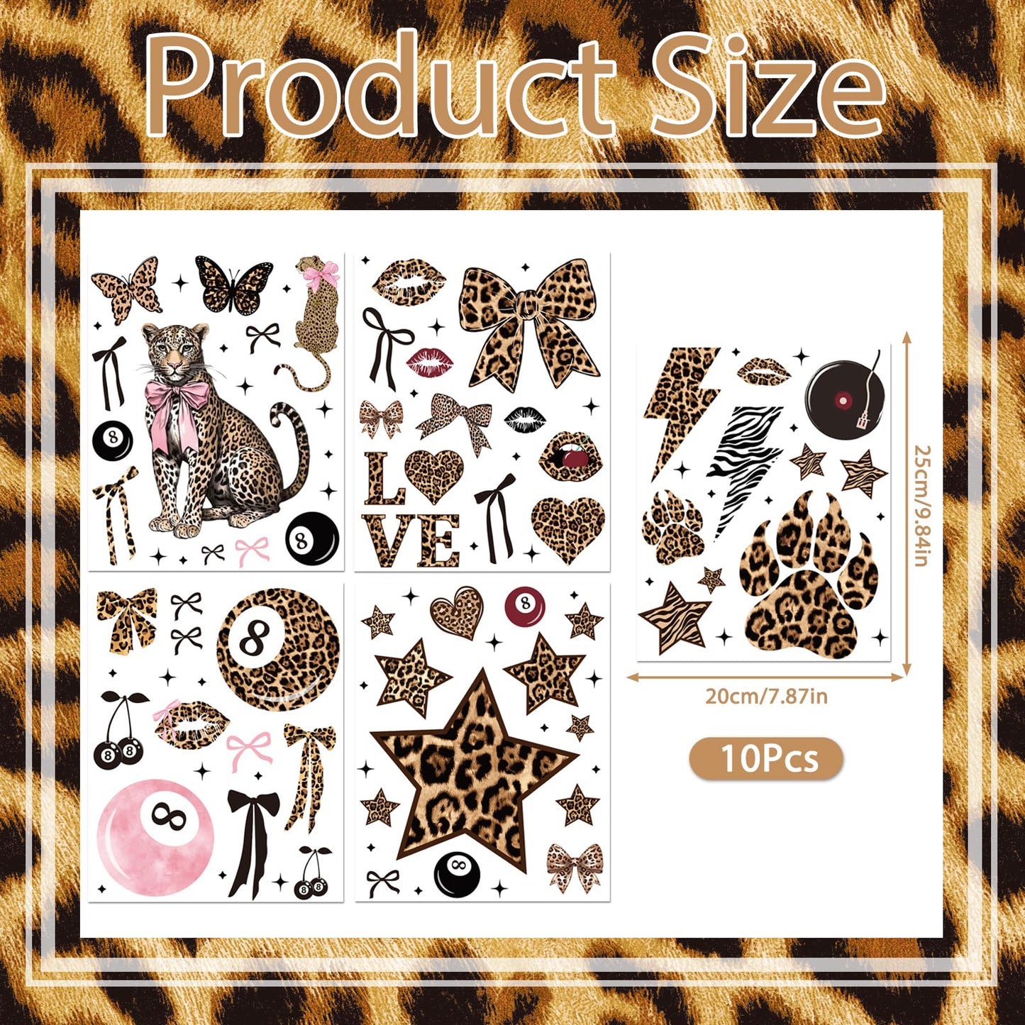 Wxiben Cheetah Print Wall Decals - 200 Pcs Leopard Print Walls Stickers Decor for Room Y2K Bow Star 8 Ball Peel and Stick Wall Decals for Home Bedroom Living Room Classroom Apartment Dorm