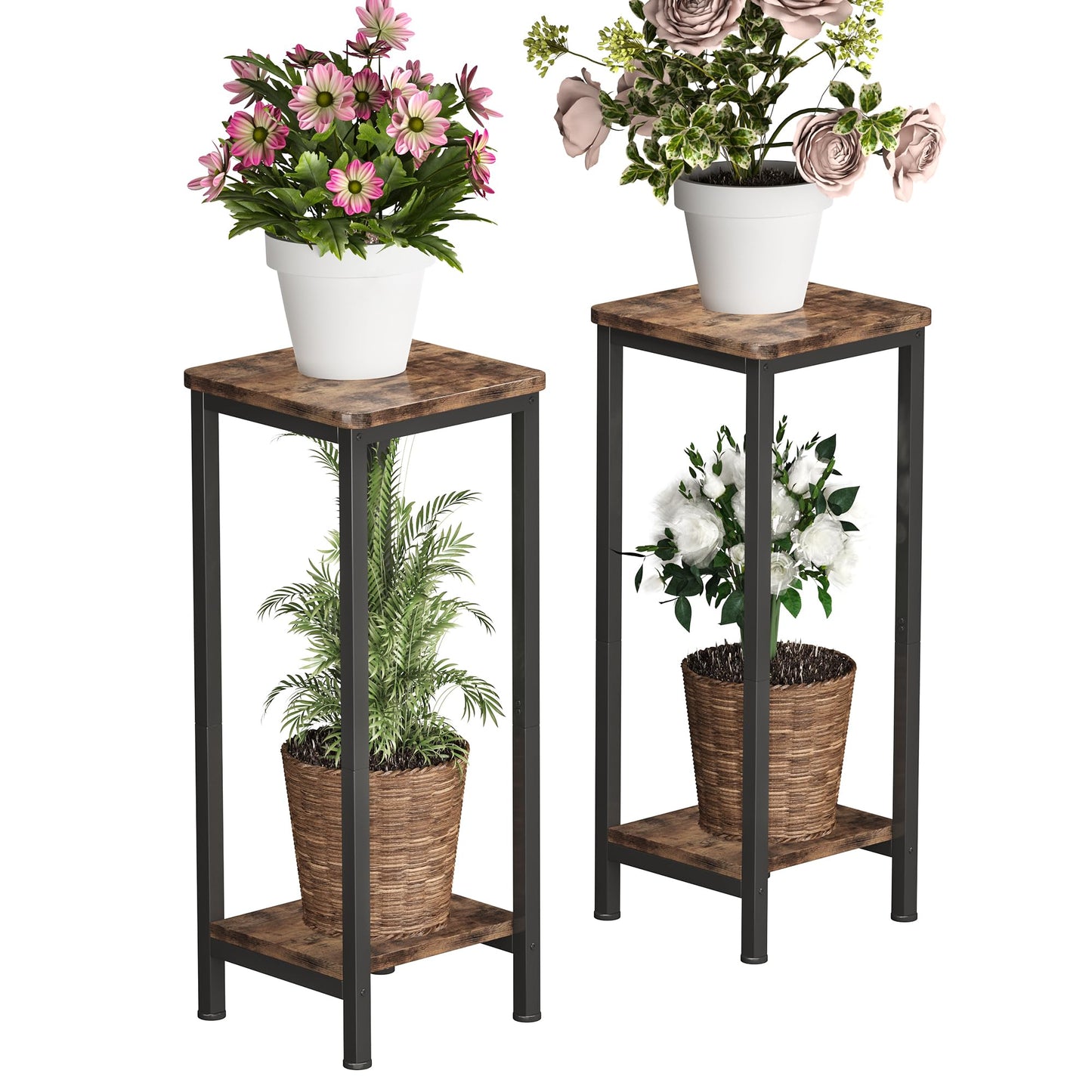 Homeiju 2-Pack Plant Stand Indoor, 2 Tier Wood Corner Plant Stand, Modern Square Plant Shelf Flower Stand for Living Room Patio Balcony Garden, Rustic Brown