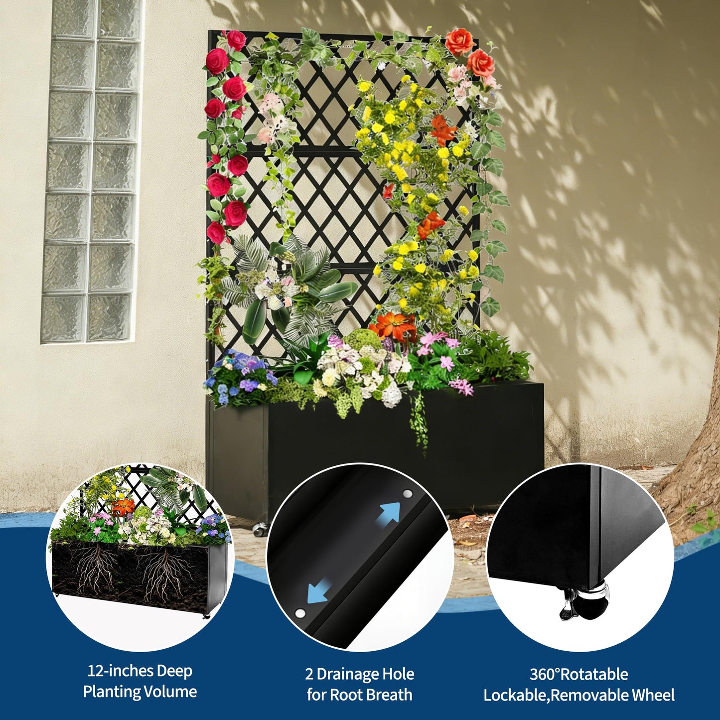 Garvee Galvanized Raised Garden Bed with Trellis, 71"X35.04"X16" Planter Box with Lockable Wheels, Drainage Holes & Privacy Screen for Vegetables, Vines on Patio, Deck, Yard, Black