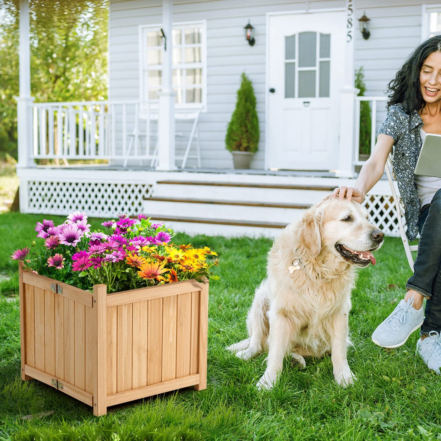S AFSTAR Outdoor Wooden Planter Box, Folding Raised Garden Bed W/Drainage Hole, Patio Square Plant Container for Flowers, Vegetables, Fruits, Herbs, Collapsible Planting Box for Yard, 15" x 15" x 14"