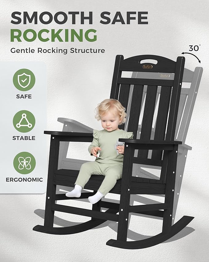 Oversized Outdoor Rocking Chair, High Back Porch Rocker Chair, HDPE All Weather Resistant Rocking Chairs for Patio, 380lbs Weight Capacity, Black
