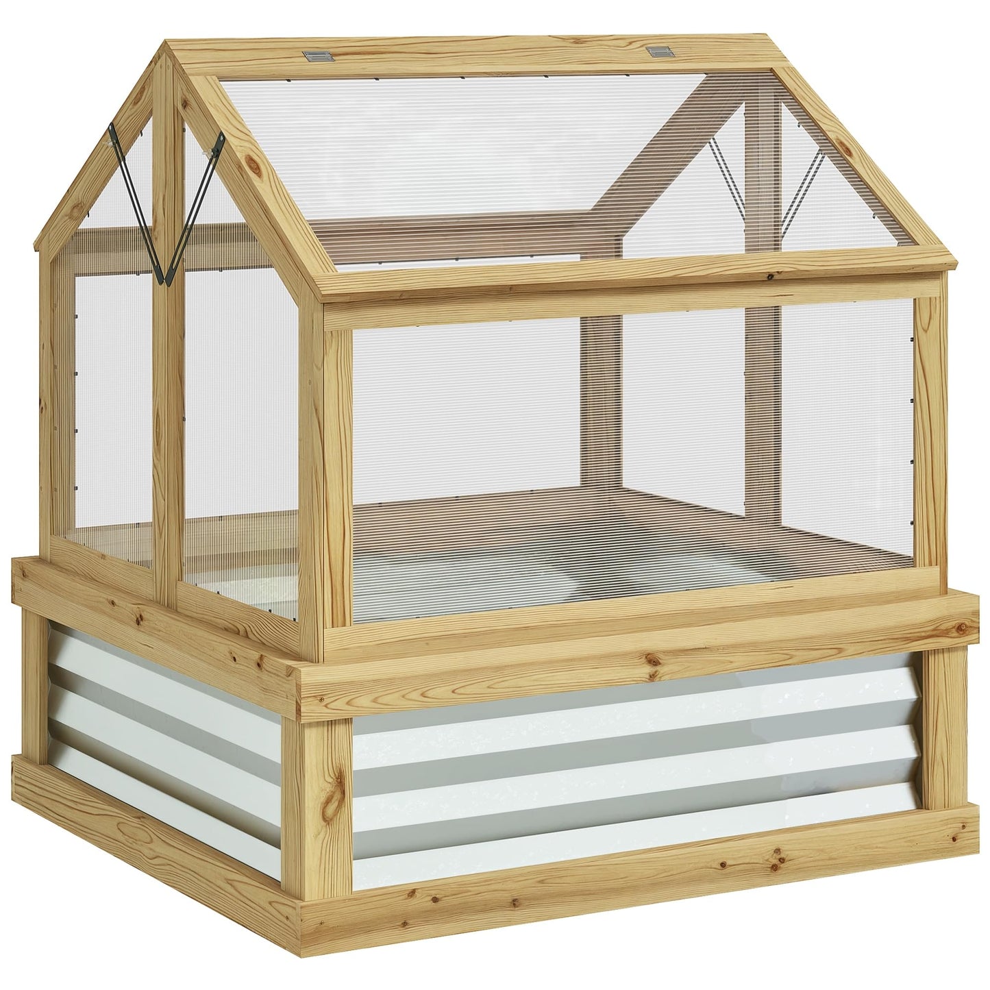 Outsunny Raised Garden Bed with Polycarbonate Greenhouse, Wooden Cold Frame Greenhouse, Garden Flower Planter Protection, Peak Roof, 35.5" x 31.5" x 36", Natural