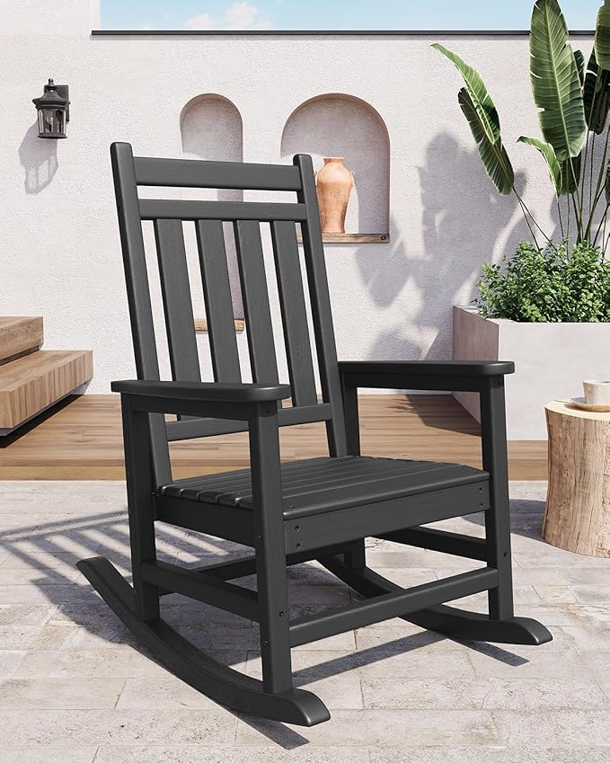 GarveeLife Poly Lumber Rocking Chair Outdoor Set of 6 - HDPE High Back Porch Rocker Chairs for Adults - All Weather Resistant Furniture for Patio - Black