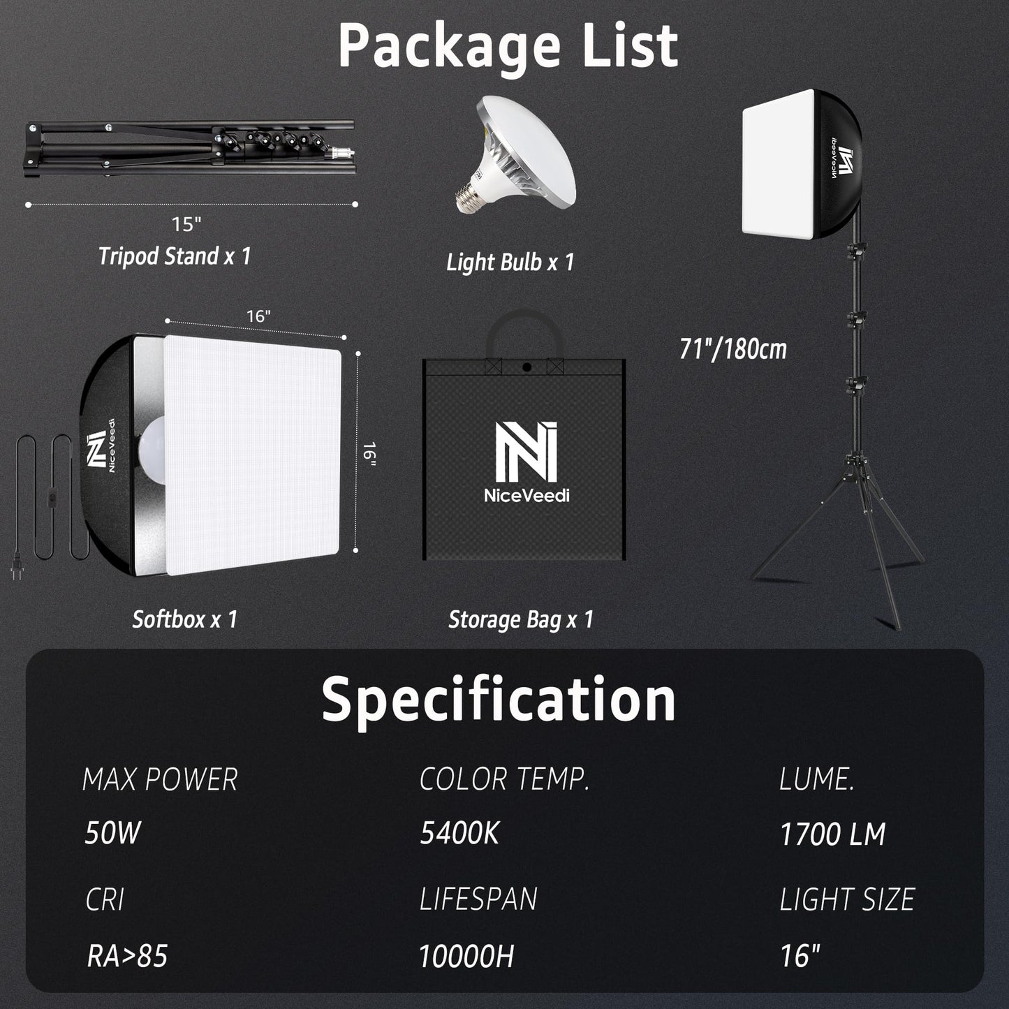 Softbox Lighting Kit, NiceVeedi 16'' x 16'' Softbox Photography Lighting Kit with 63” Tripod Stand & 5400K 450W Equivalent LED Bulb, Continuous Lighting for Photography/Video Record/Live Streaming