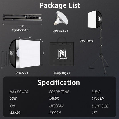 Softbox Lighting Kit, NiceVeedi 16'' x 16'' Softbox Photography Lighting Kit with 63” Tripod Stand & 5400K 450W Equivalent LED Bulb, Continuous Lighting for Photography/Video Record/Live Streaming